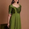 Olive Green Raw Silk Anarkali Suit Set | Hand-Embroidered Zari Neckline & Georgette Flared Floor Length Gown with Dupatta