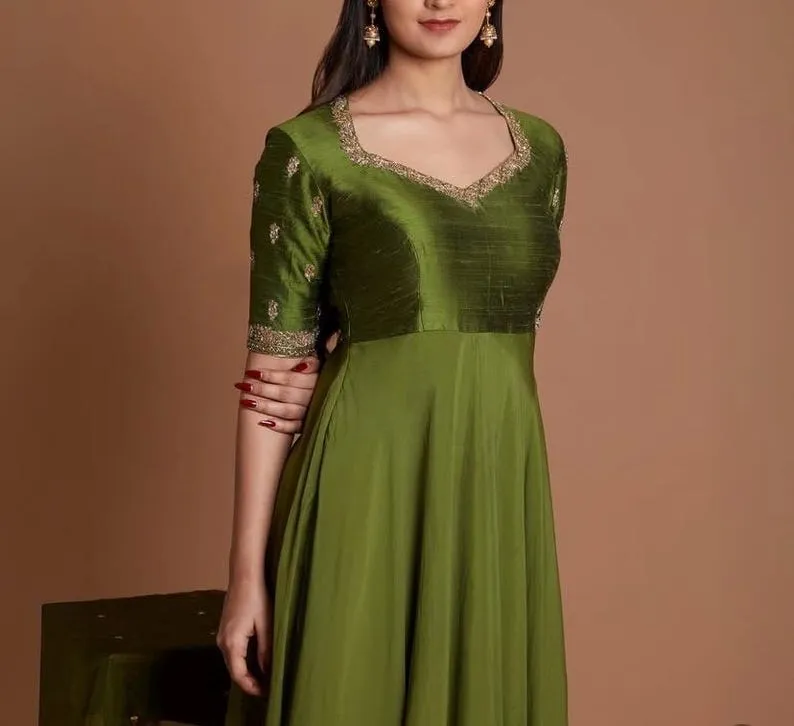 Olive Green Raw Silk Anarkali Suit Set | Hand-Embroidered Zari Neckline & Georgette Flared Floor Length Gown with Dupatta