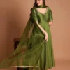 Olive Green Raw Silk Anarkali Suit Set | Hand-Embroidered Zari Neckline & Georgette Flared Floor Length Gown with Dupatta - Image 3