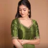 Olive Green Raw Silk Anarkali Suit Set | Hand-Embroidered Zari Neckline & Georgette Flared Floor Length Gown with Dupatta - Image 5