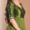 Olive Green Raw Silk Anarkali Suit Set | Hand-Embroidered Zari Neckline & Georgette Flared Floor Length Gown with Dupatta - Image 6