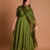 Olive Green Raw Silk Anarkali Suit Set | Hand-Embroidered Zari Neckline & Georgette Flared Floor Length Gown with Dupatta - Image 7