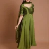 Olive Green Raw Silk Anarkali Suit Set | Hand-Embroidered Zari Neckline & Georgette Flared Floor Length Gown with Dupatta - Image 8