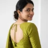 Olive Green Raw Silk Cutout Neck Blouse