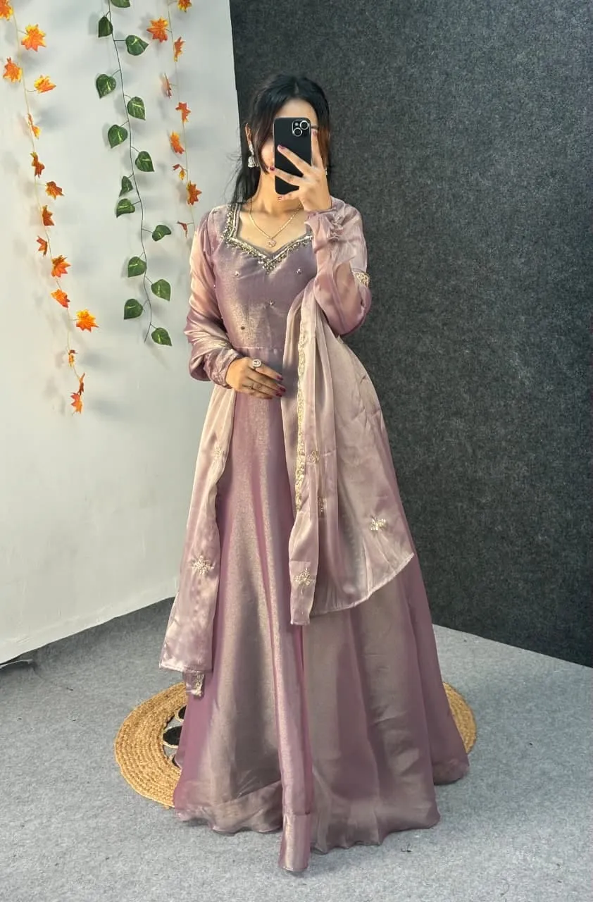 Party Wear Handwork Anarkali Gown with Embroidered Dupatta | Kabana Silk Flared Long Frock - Image 10