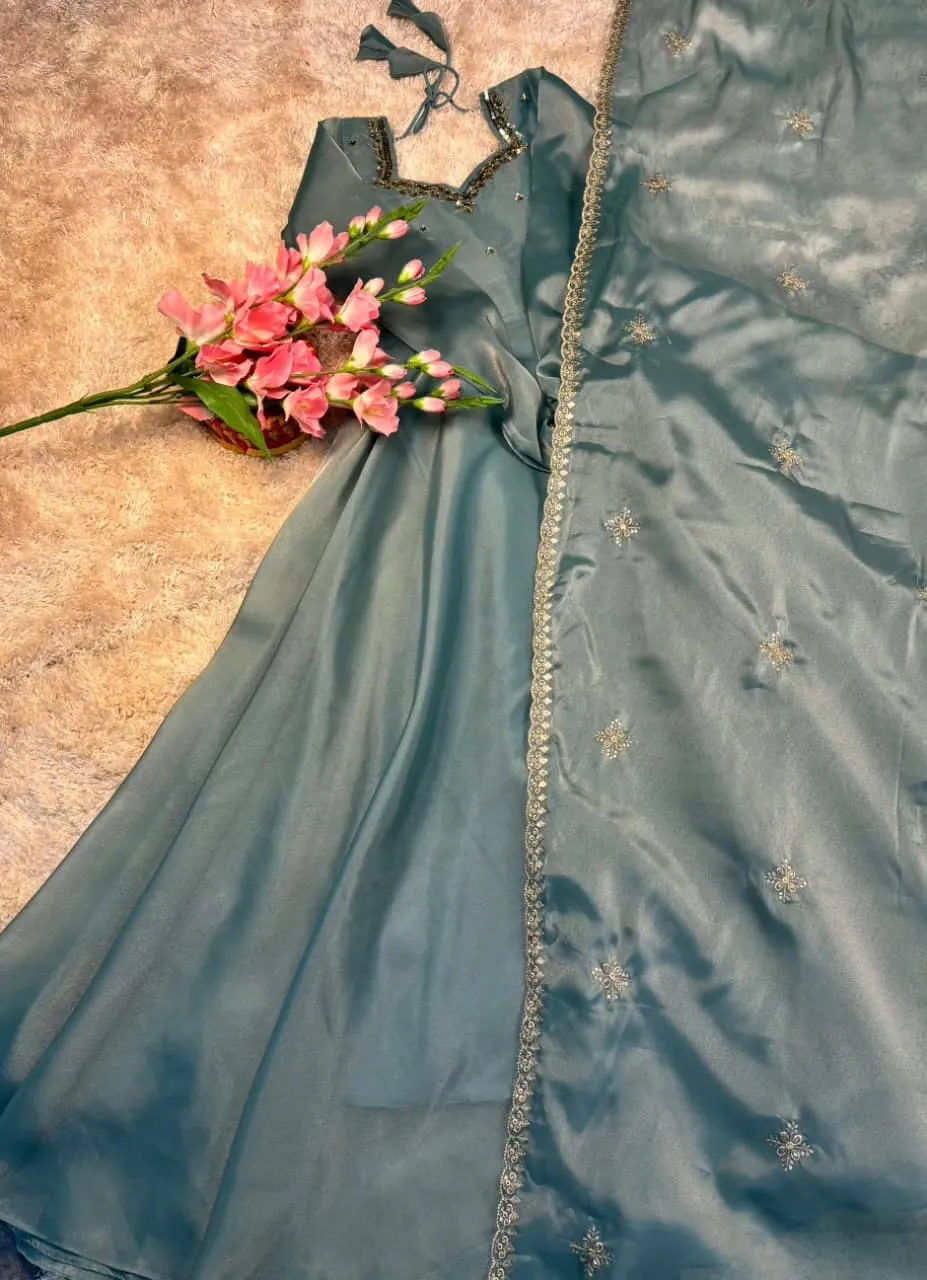 Party Wear Handwork Anarkali Gown with Embroidered Dupatta | Kabana Silk Flared Long Frock - Image 12