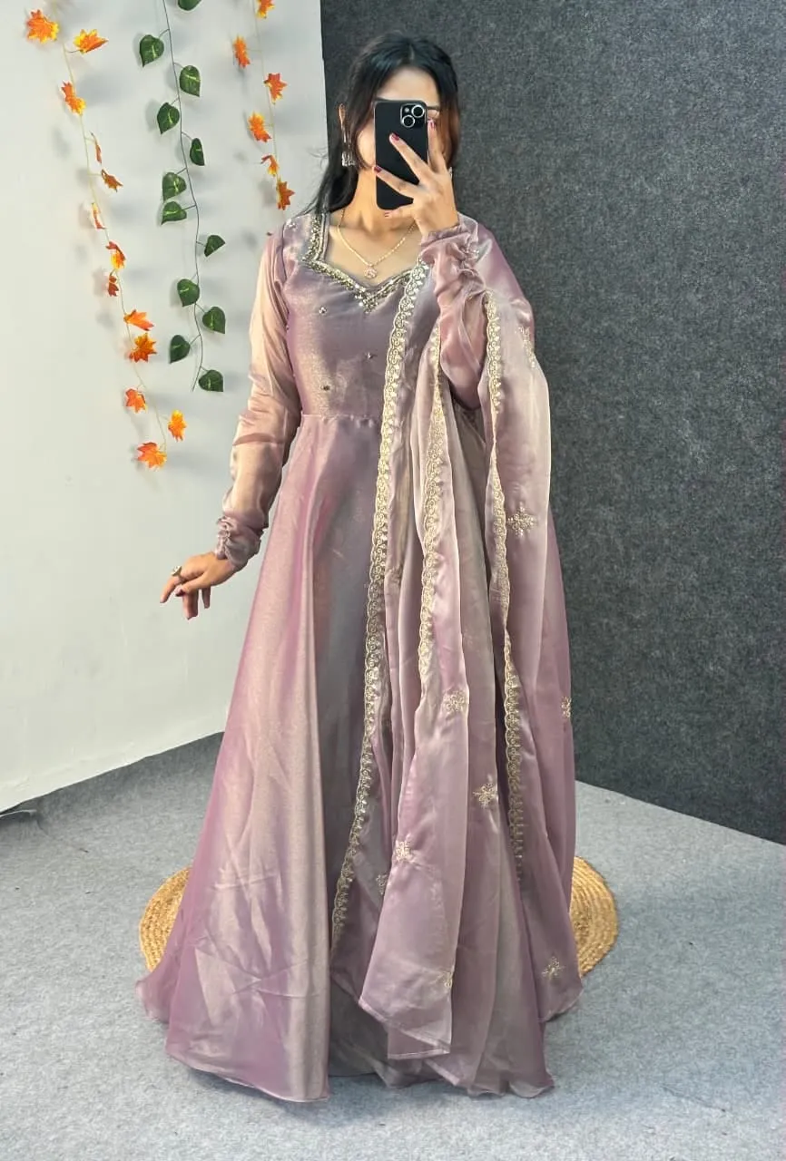 Party Wear Handwork Anarkali Gown with Embroidered Dupatta | Kabana Silk Flared Long Frock - Image 14