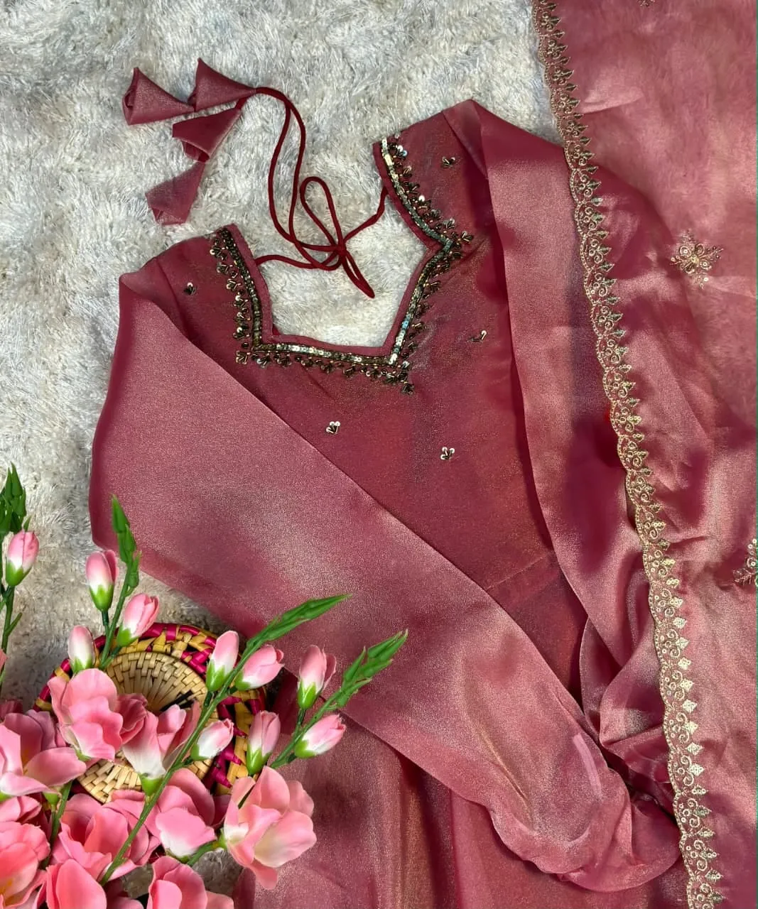 Party Wear Handwork Anarkali Gown with Embroidered Dupatta | Kabana Silk Flared Long Frock - Image 15