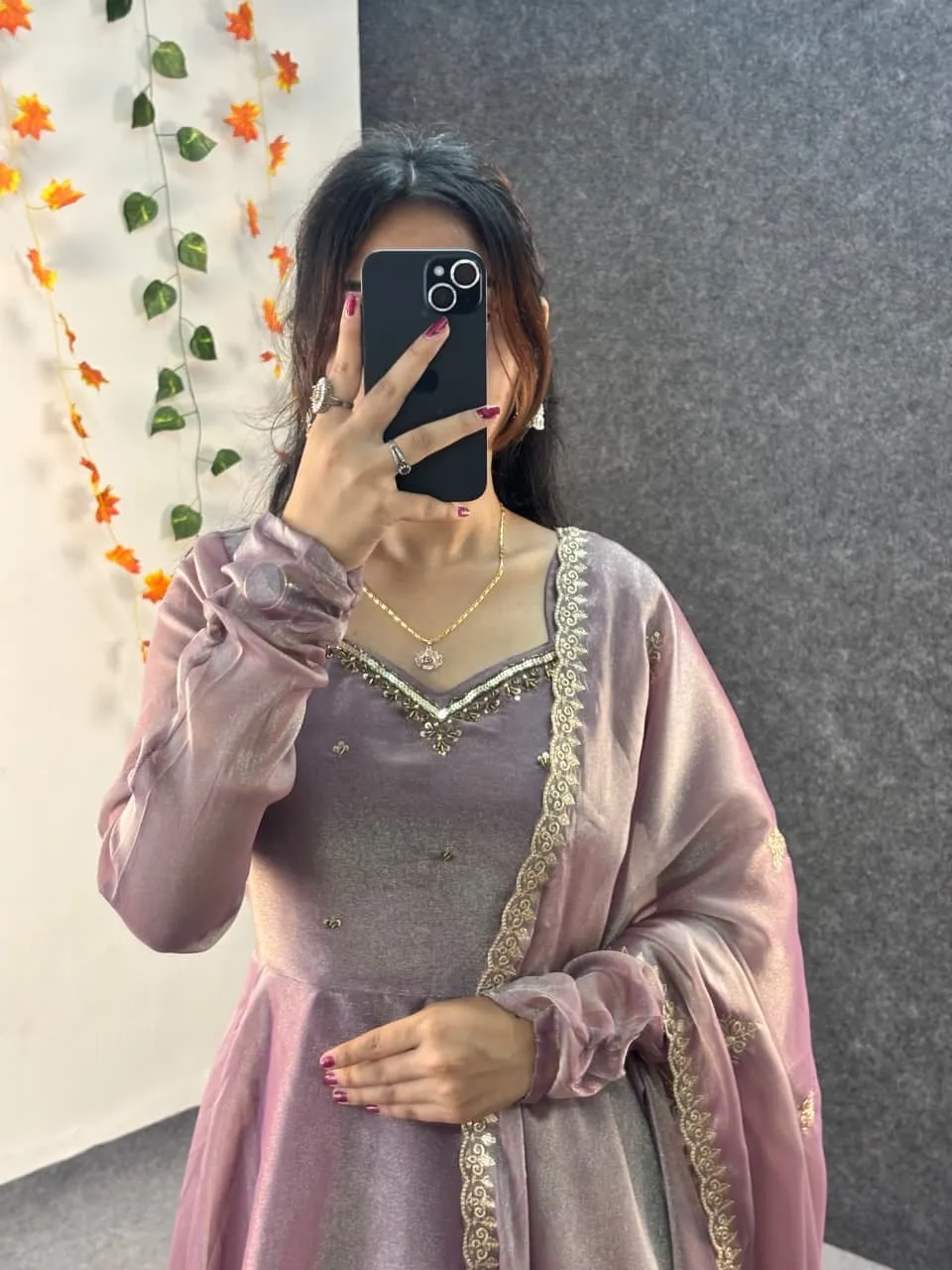 Party Wear Handwork Anarkali Gown with Embroidered Dupatta | Kabana Silk Flared Long Frock - Image 16