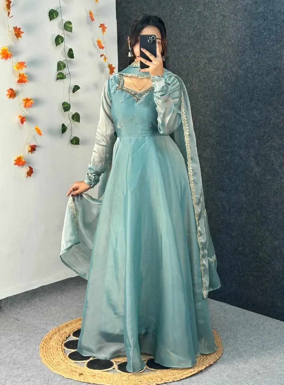 Party Wear Handwork Anarkali Gown with Embroidered Dupatta | Kabana Silk Flared Long Frock - Image 17