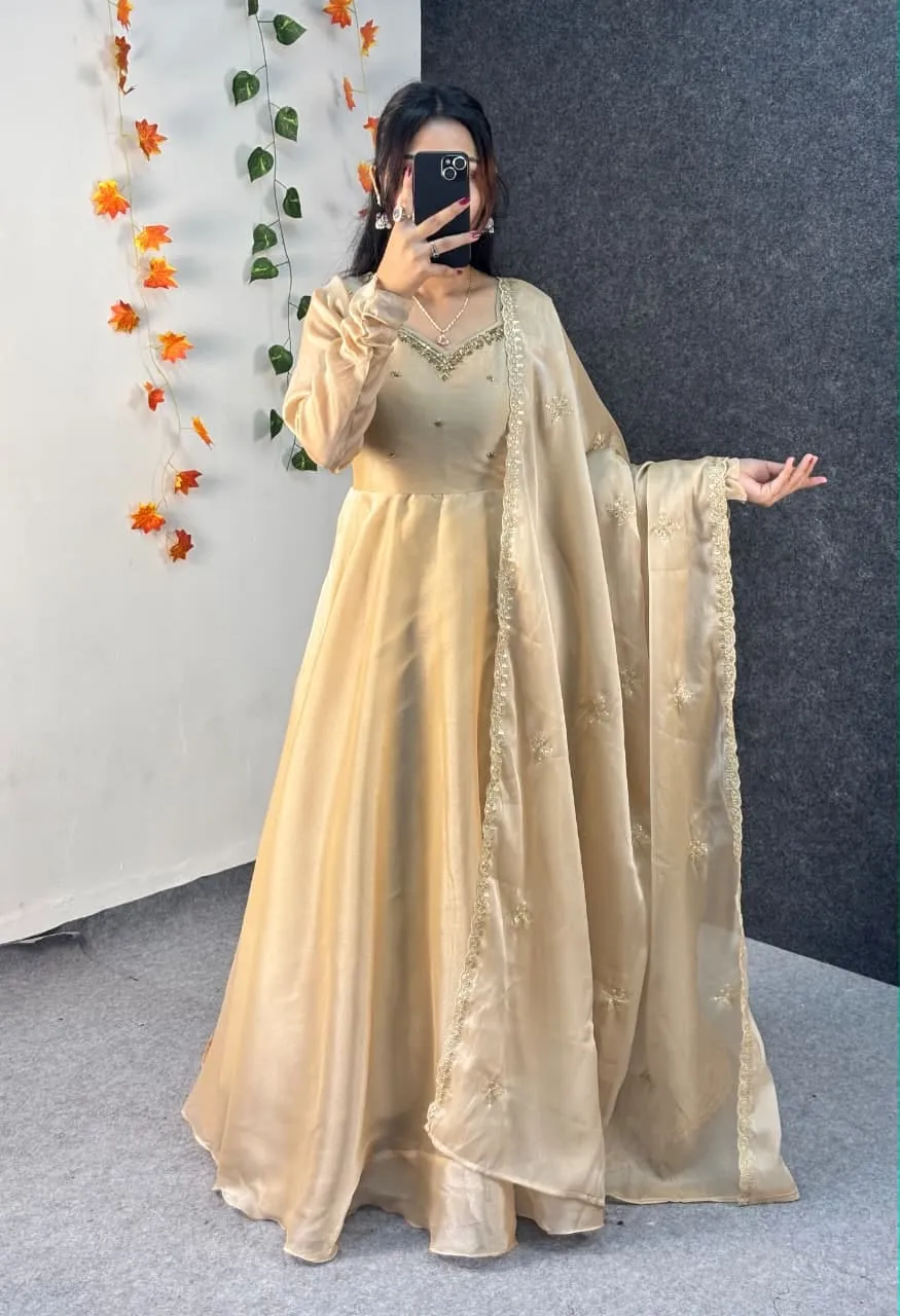 Party Wear Handwork Anarkali Gown with Embroidered Dupatta | Kabana Silk Flared Long Frock - Image 18