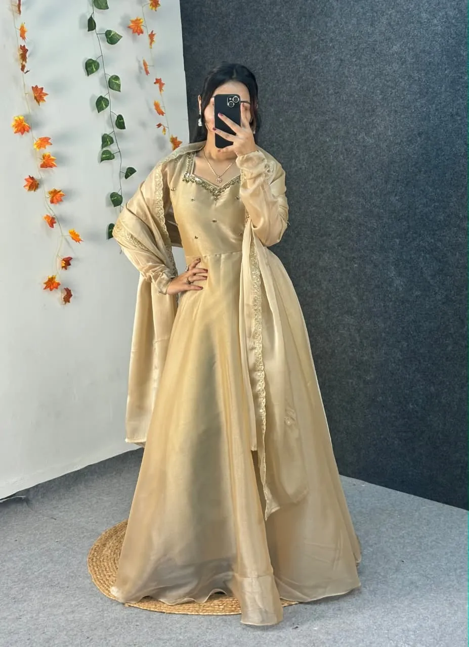 Party Wear Handwork Anarkali Gown with Embroidered Dupatta | Kabana Silk Flared Long Frock - Image 19
