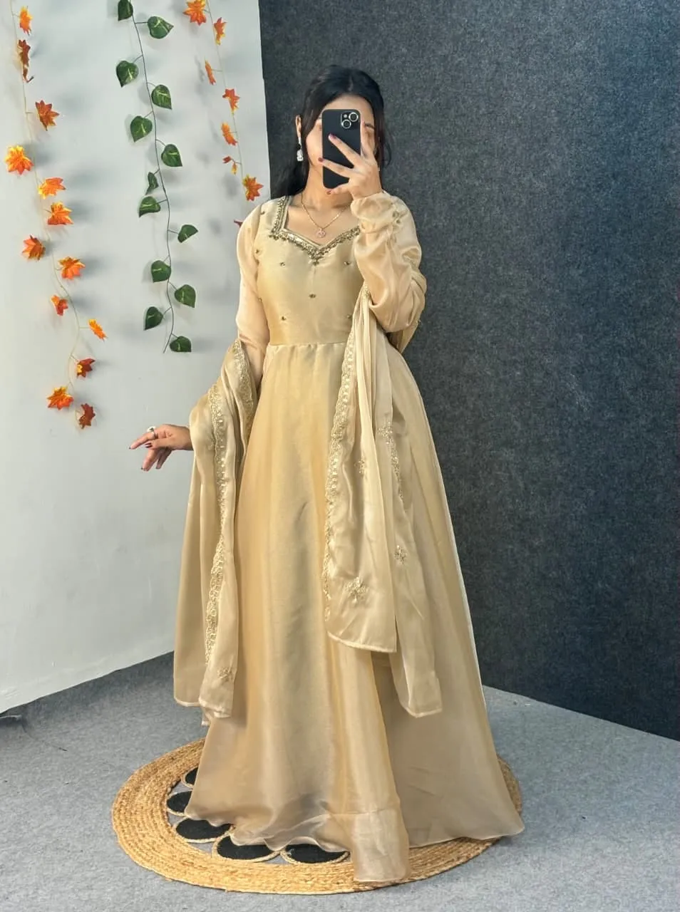 Party Wear Handwork Anarkali Gown with Embroidered Dupatta | Kabana Silk Flared Long Frock - Image 20