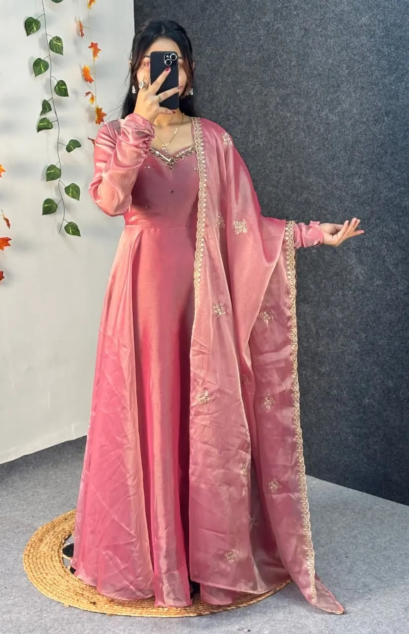 Party Wear Handwork Anarkali Gown with Embroidered Dupatta | Kabana Silk Flared Long Frock - Image 21