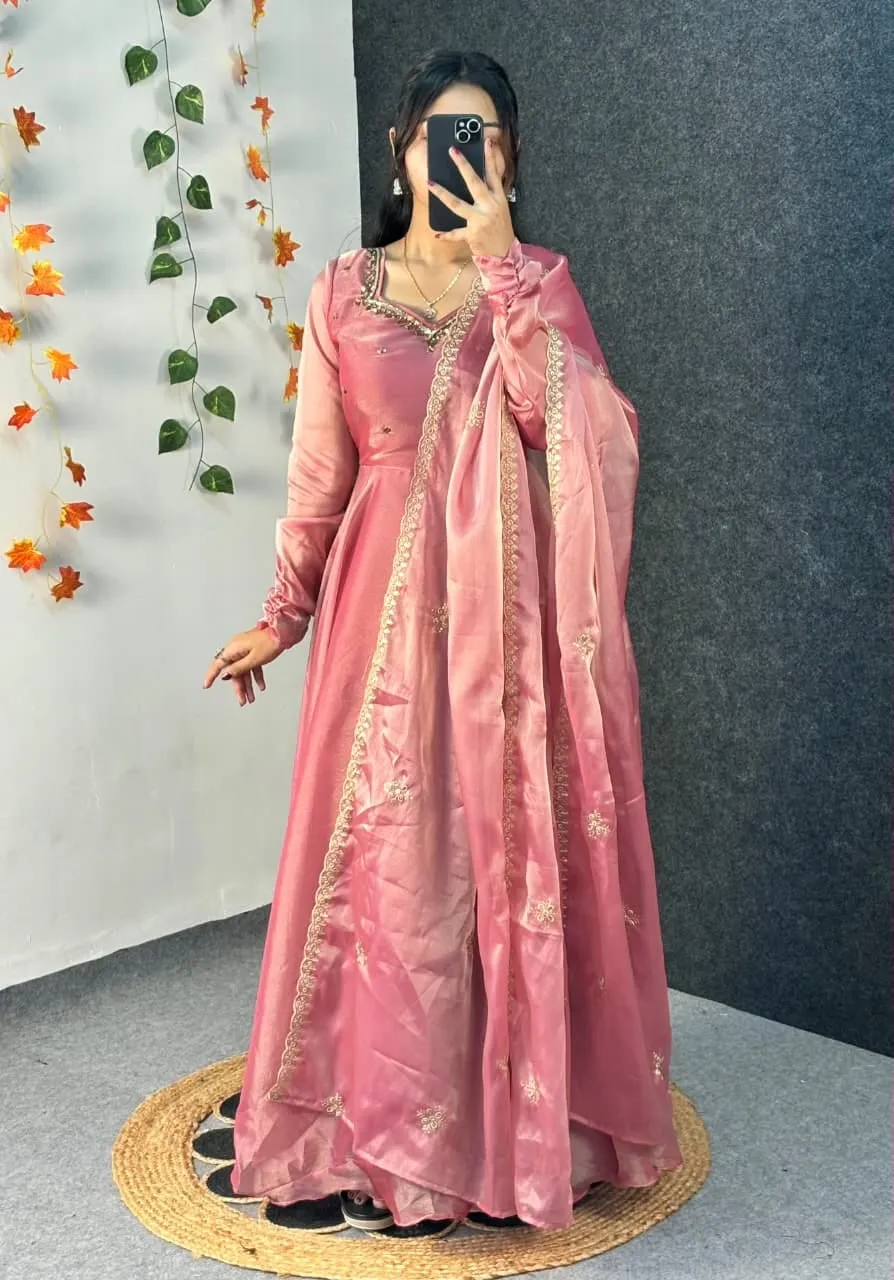 Party Wear Handwork Anarkali Gown with Embroidered Dupatta | Kabana Silk Flared Long Frock - Image 22