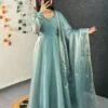 Party Wear Handwork Anarkali Gown with Embroidered Dupatta | Kabana Silk Flared Long Frock - Image 23