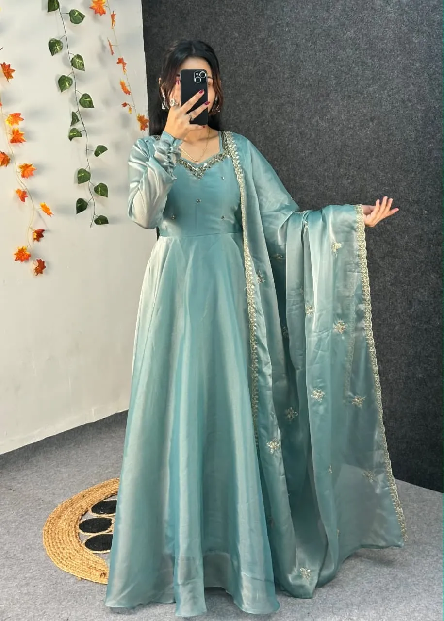 Party Wear Handwork Anarkali Gown with Embroidered Dupatta | Kabana Silk Flared Long Frock - Image 23