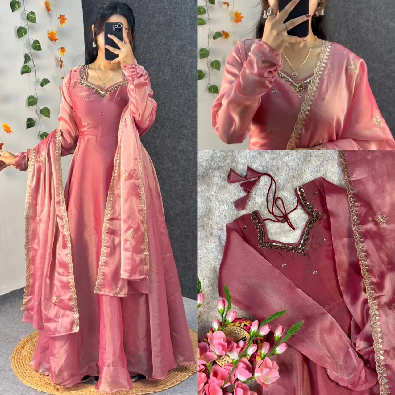 Party Wear Handwork Anarkali Gown with Embroidered Dupatta | Kabana Silk Flared Long Frock - Image 24
