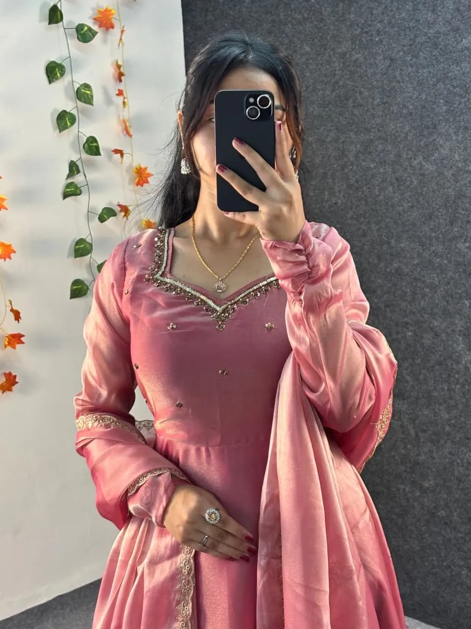 Party Wear Handwork Anarkali Gown with Embroidered Dupatta | Kabana Silk Flared Long Frock - Image 25