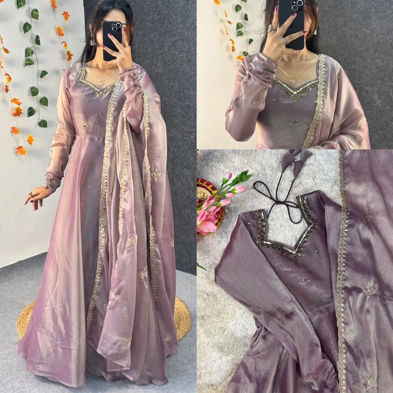 Party Wear Handwork Anarkali Gown with Embroidered Dupatta | Kabana Silk Flared Long Frock - Image 28