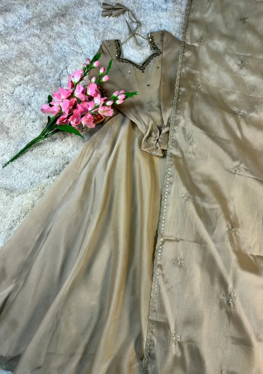 Party Wear Handwork Anarkali Gown with Embroidered Dupatta | Kabana Silk Flared Long Frock - Image 30