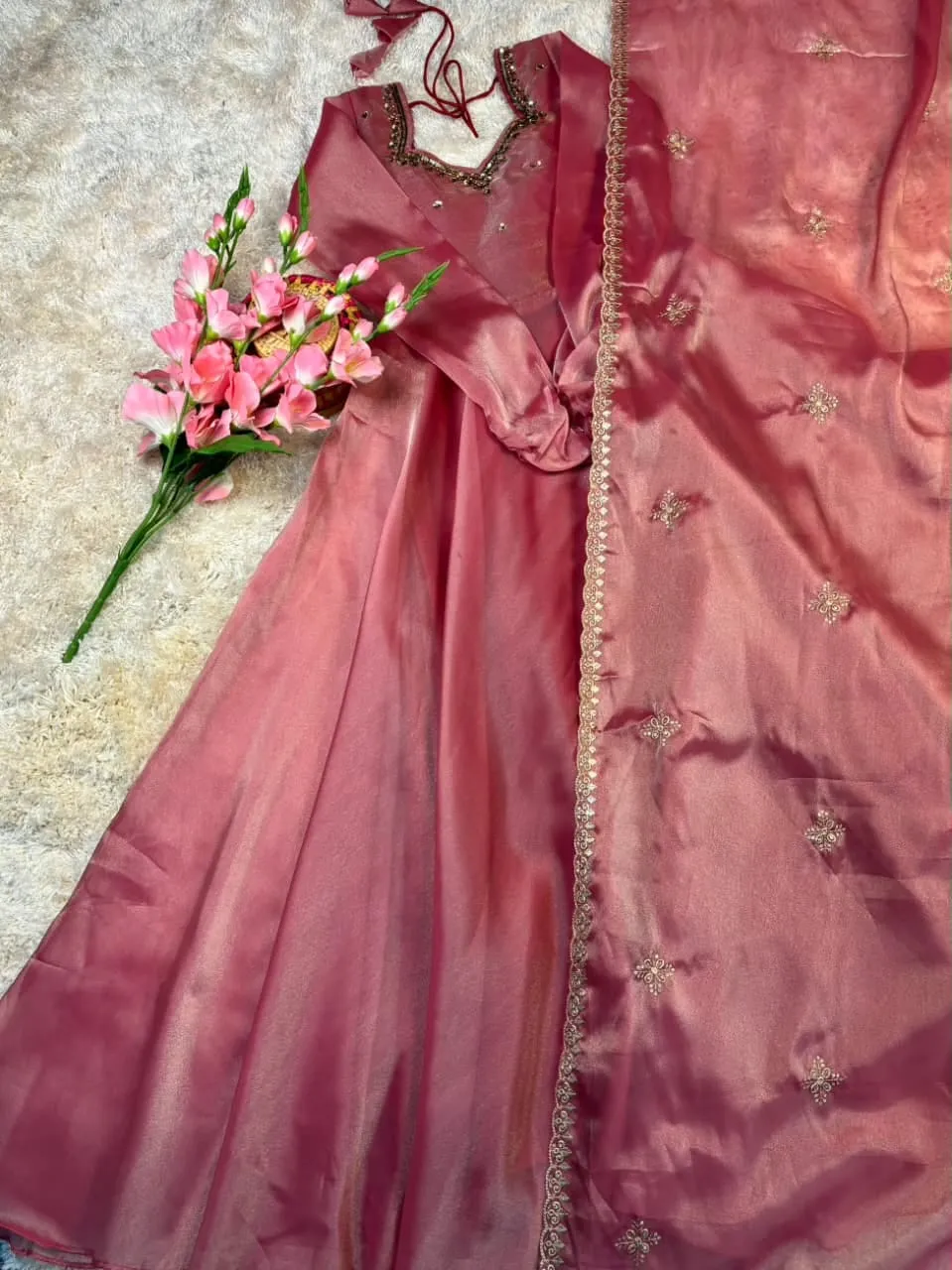 Party Wear Handwork Anarkali Gown with Embroidered Dupatta | Kabana Silk Flared Long Frock - Image 4