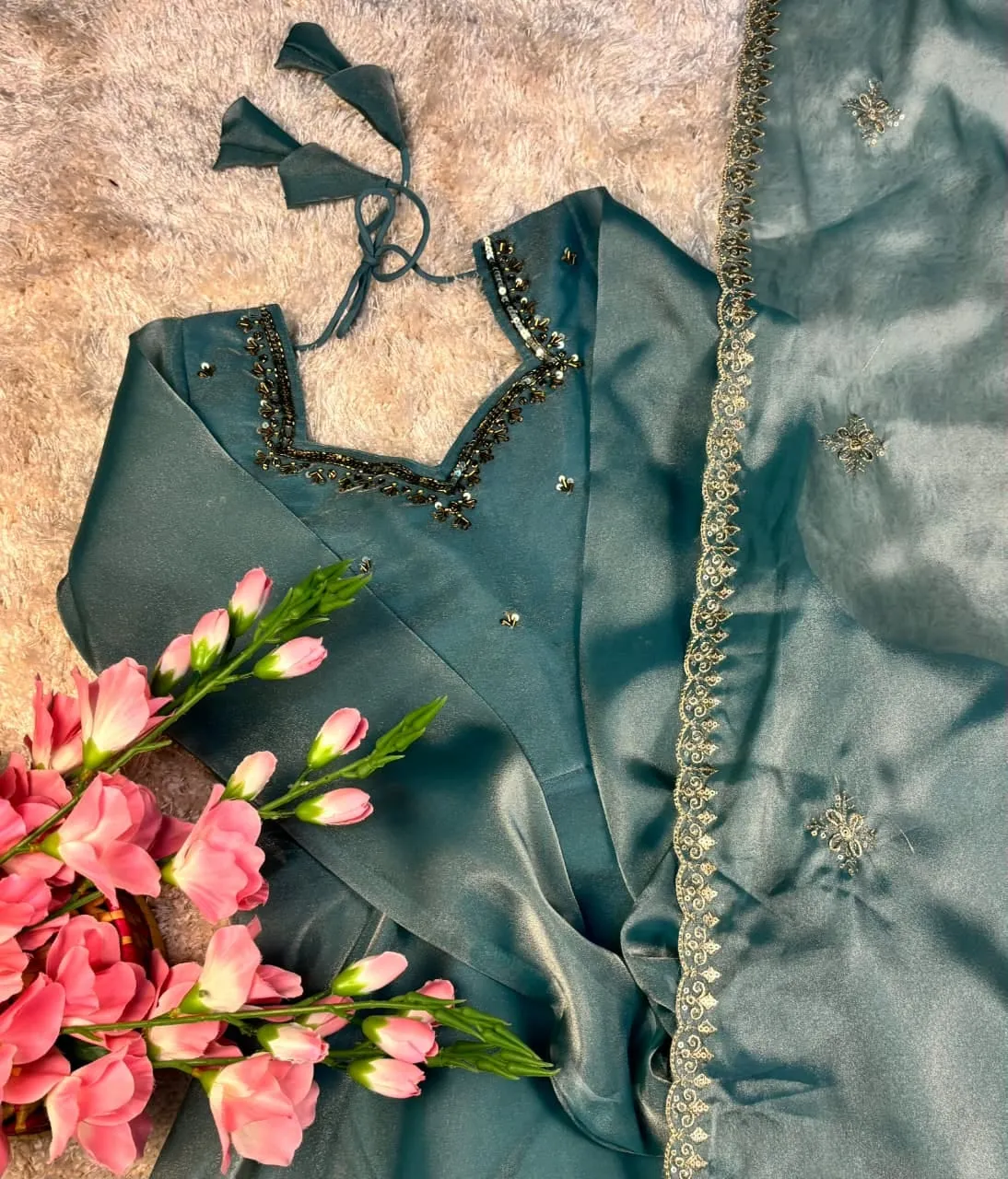 Party Wear Handwork Anarkali Gown with Embroidered Dupatta | Kabana Silk Flared Long Frock - Image 5