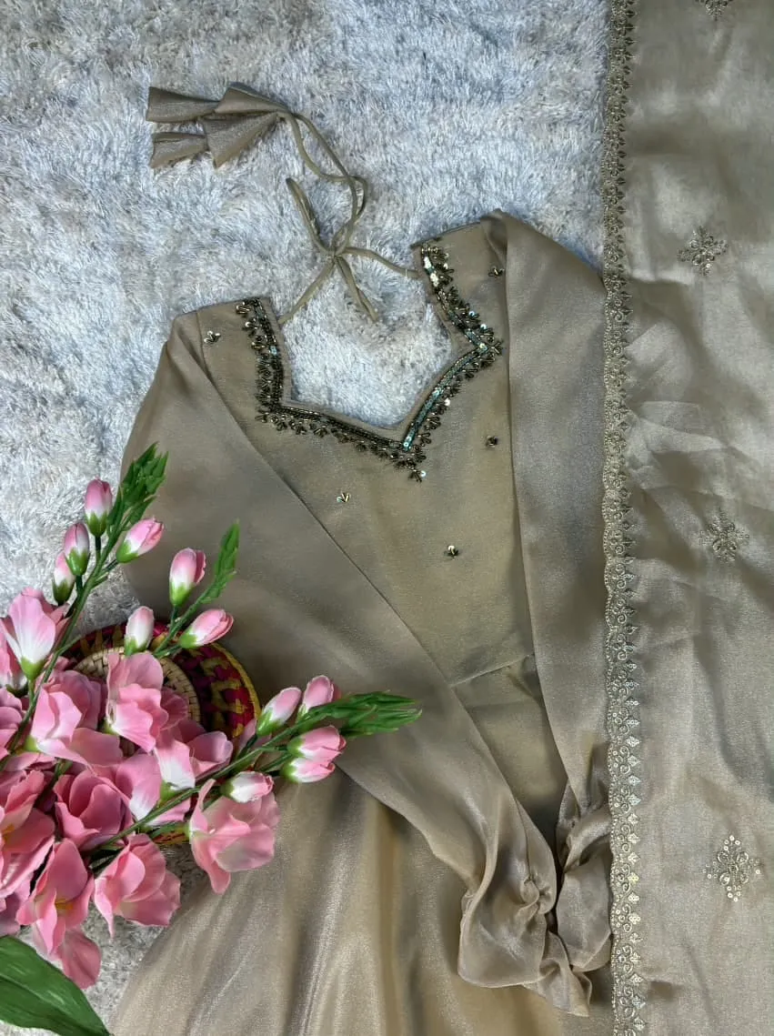 Party Wear Handwork Anarkali Gown with Embroidered Dupatta | Kabana Silk Flared Long Frock - Image 6