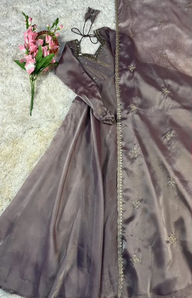 Party Wear Handwork Anarkali Gown with Embroidered Dupatta | Kabana Silk Flared Long Frock - Image 7