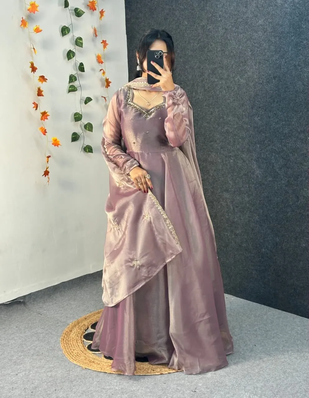 Party Wear Handwork Anarkali Gown with Embroidered Dupatta | Kabana Silk Flared Long Frock - Image 8
