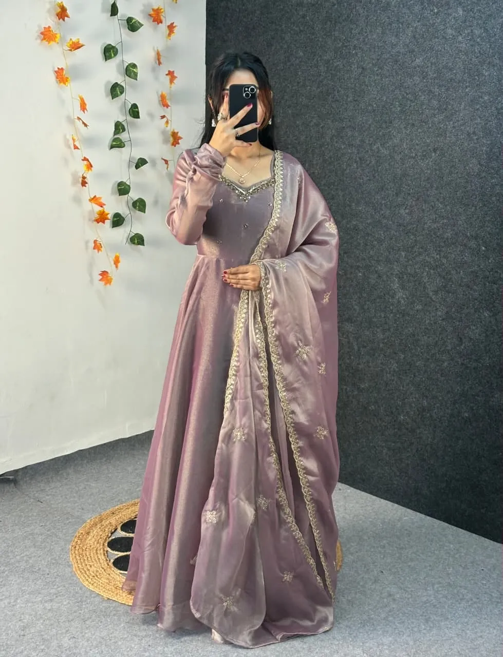 Party Wear Handwork Anarkali Gown with Embroidered Dupatta | Kabana Silk Flared Long Frock - Image 9
