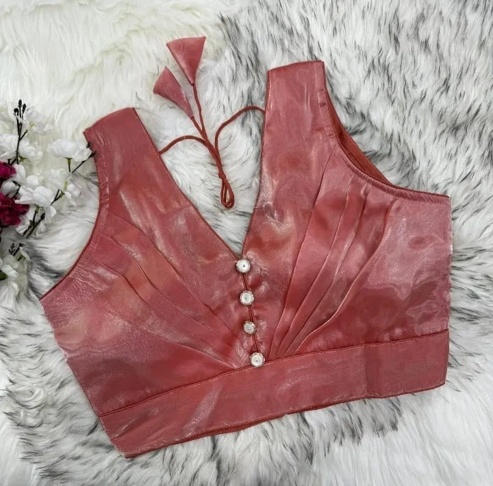 Party Wear Shimmer Tissue Crop Top Blouse | Sleeveless Deep V-Neck Pleated Bustier Choli for Sarees & Lehengas - Image 11