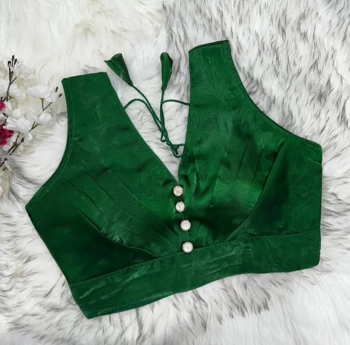 Party Wear Shimmer Tissue Crop Top Blouse | Sleeveless Deep V-Neck Pleated Bustier Choli for Sarees & Lehengas - Image 2