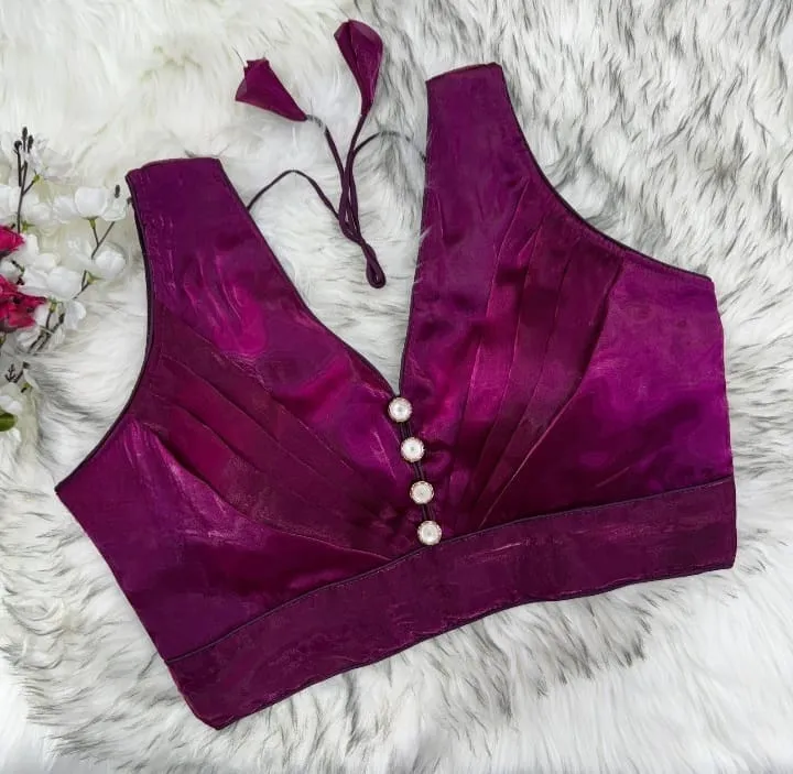 Party Wear Shimmer Tissue Crop Top Blouse | Sleeveless Deep V-Neck Pleated Bustier Choli for Sarees & Lehengas - Image 4