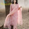 Pastel Pink Pure Soft Kota Doria Embroidered Kurti Pant Set with Scalloped Dupatta (Cotton Lined 3-Piece Suit)