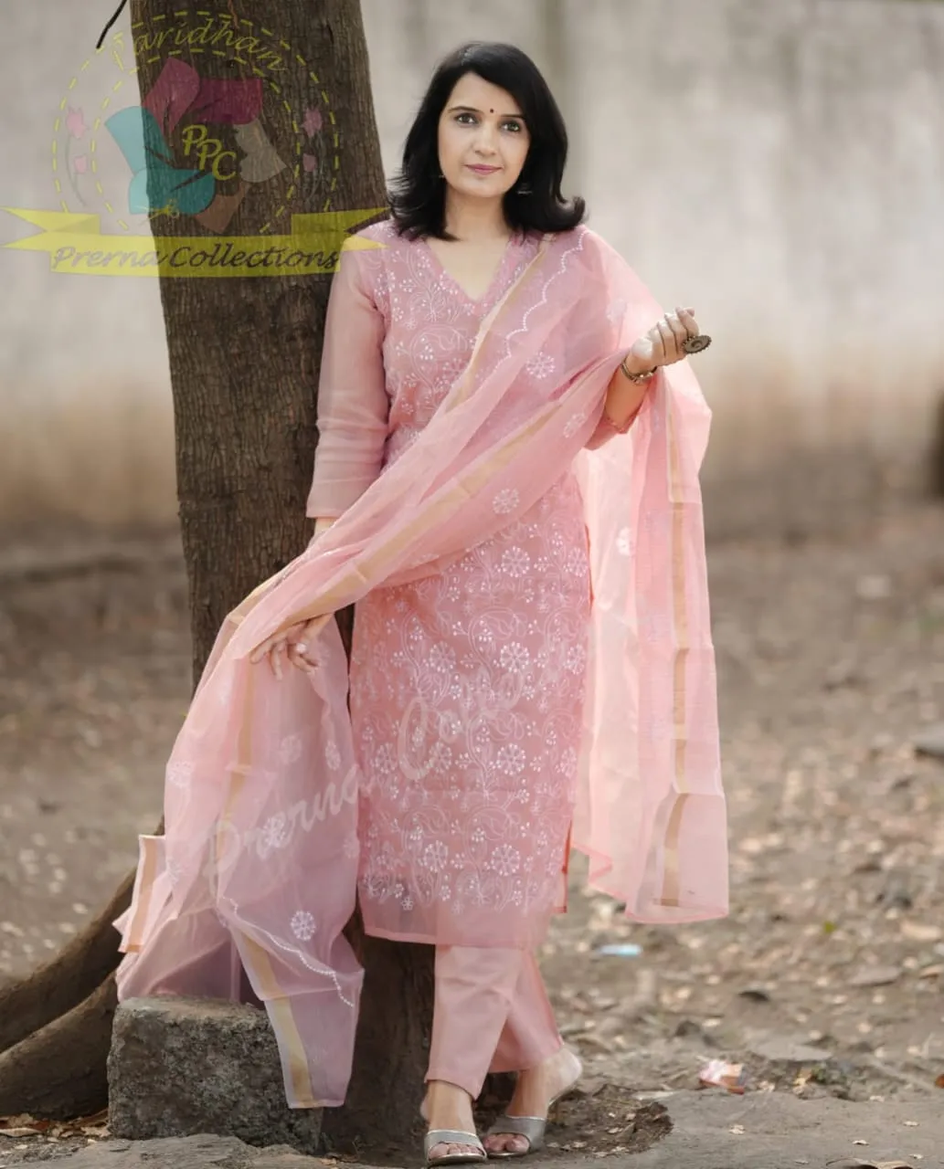 Pastel Pink Pure Soft Kota Doria Embroidered Kurti Pant Set with Scalloped Dupatta (Cotton Lined 3-Piece Suit)