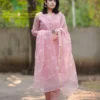 Pastel Pink Pure Soft Kota Doria Embroidered Kurti Pant Set with Scalloped Dupatta (Cotton Lined 3-Piece Suit) - Image 10