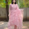 Pastel Pink Pure Soft Kota Doria Embroidered Kurti Pant Set with Scalloped Dupatta (Cotton Lined 3-Piece Suit) - Image 2