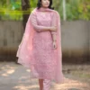 Pastel Pink Pure Soft Kota Doria Embroidered Kurti Pant Set with Scalloped Dupatta (Cotton Lined 3-Piece Suit) - Image 3