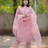 Pastel Pink Pure Soft Kota Doria Embroidered Kurti Pant Set with Scalloped Dupatta (Cotton Lined 3-Piece Suit) - Image 4