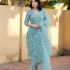 Pastel Sea Green Pure Soft Kota Doria Floral Embroidered Kurti Pant Set with Scalloped Dupatta (Cotton Lined 3-Piece Suit)