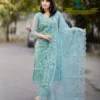 Pastel Sea Green Pure Soft Kota Doria Floral Embroidered Kurti Pant Set with Scalloped Dupatta (Cotton Lined 3-Piece Suit) - Image 2