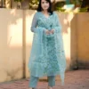 Pastel Sea Green Pure Soft Kota Doria Floral Embroidered Kurti Pant Set with Scalloped Dupatta (Cotton Lined 3-Piece Suit) - Image 3
