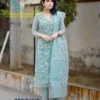 Pastel Sea Green Pure Soft Kota Doria Floral Embroidered Kurti Pant Set with Scalloped Dupatta (Cotton Lined 3-Piece Suit) - Image 5