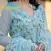Pastel Sea Green Pure Soft Kota Doria Floral Embroidered Kurti Pant Set with Scalloped Dupatta (Cotton Lined 3-Piece Suit) - Image 6