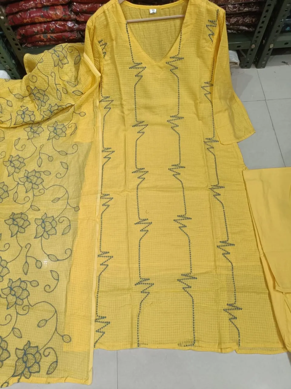 Pastel Yellow Embroidered Kota Doria Kurti Pant Set with Heavy Dupatta (Cotton Lined)