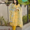 Pastel Yellow Embroidered Kota Doria Kurti Pant Set with Heavy Dupatta (Cotton Lined) - Image 3