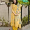 Pastel Yellow Embroidered Kota Doria Kurti Pant Set with Heavy Dupatta (Cotton Lined) - Image 4