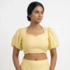 Pastel Yellow Puff Sleeve Blouse – Sweetheart Neckline Raw Silk Crop Top