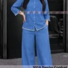 Pearl Lace Embellished Denim Co-Ord Set for Women – Button-Down Collar Shirt with Wide-Leg Palazzo Pants | Plus Size Denim 2-Piece Set (S to 5XL) - Image 2